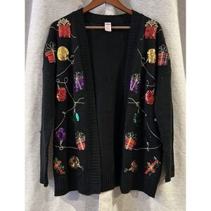 Holiday Time Women's Black Christmas Cardigan Knit Sweater Ornaments Size Medium